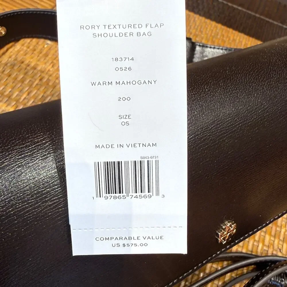 Tory Burch Rory Textured Flap Shoulder Bag 183714 $575 Warm Mahogany